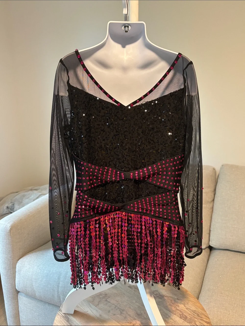 Black Mesh Sequin Fringe Dance Costume Leotard Dress with Pink Accents